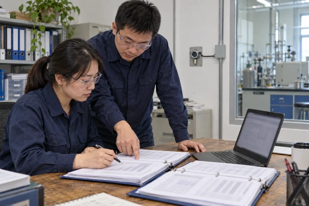 Two Chinese engineers compare blurred detector test records beside a laptop and a small wall-mounted detector.