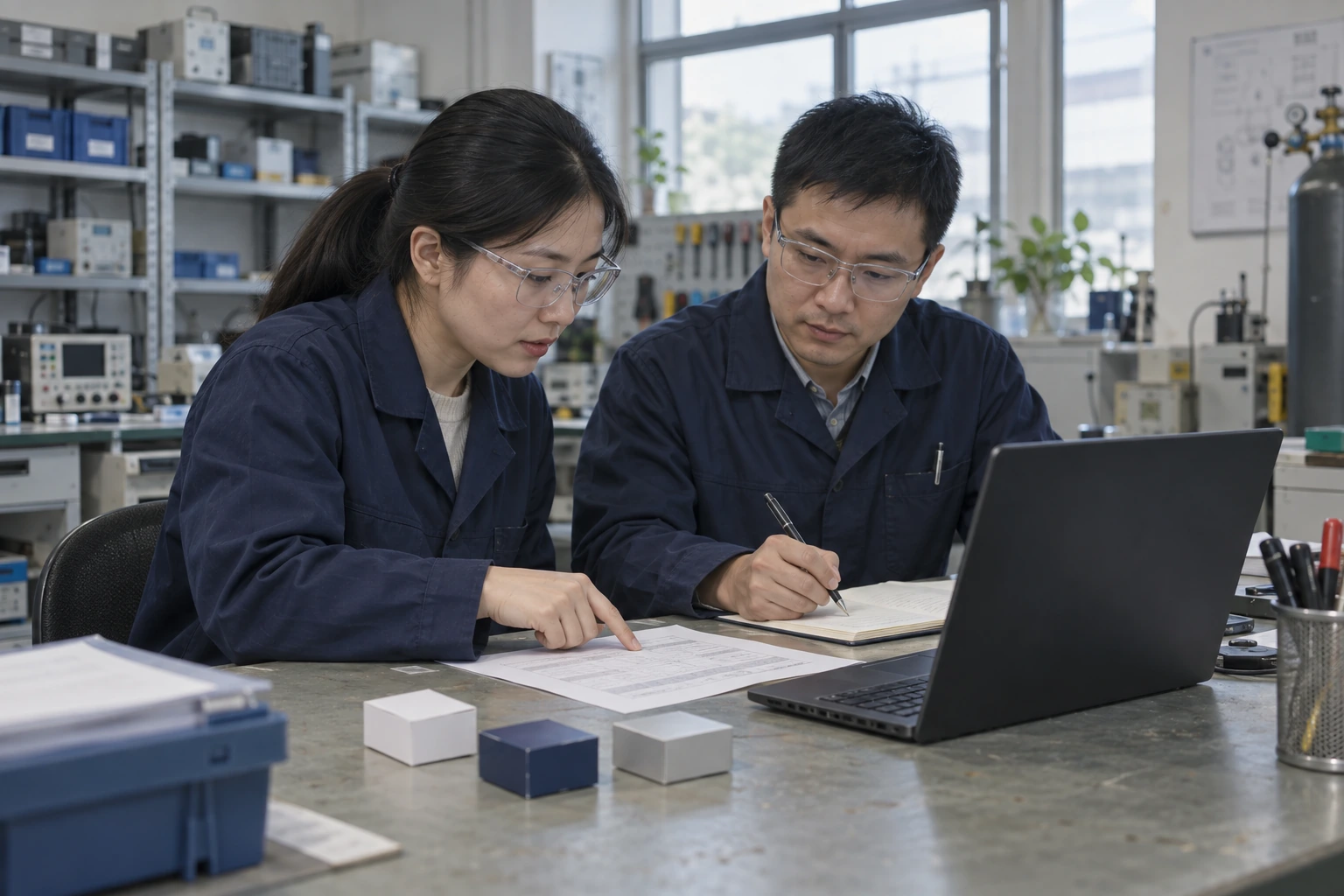 Two Chinese engineers review technical paperwork beside small closed component boxes in an instrumentation laboratory.