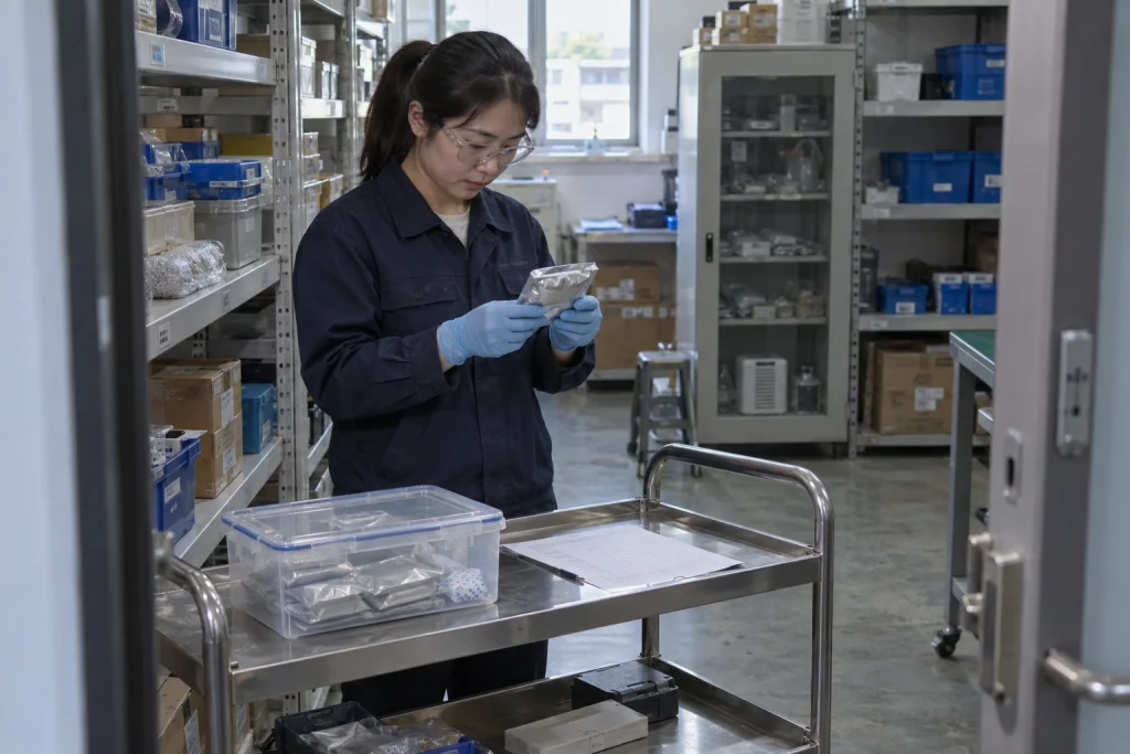 A Chinese technician checks a sealed component pouch beside a storage box and inventory record on a steel trolley.