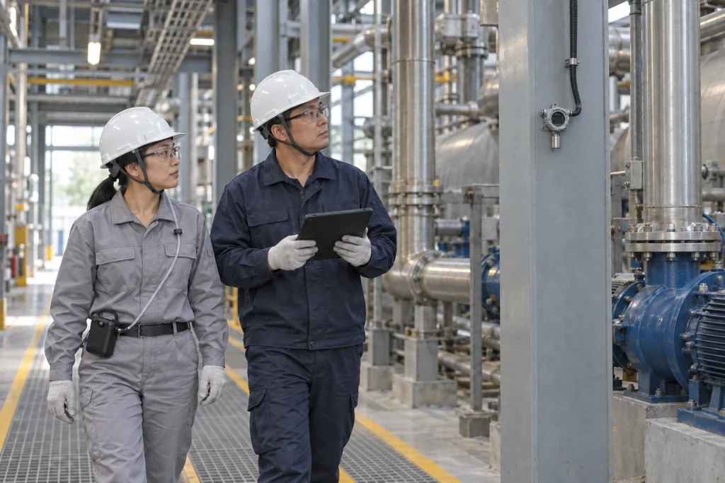 A Chinese occupational hygienist and instrument technician conduct a plant walkdown near a small column-mounted fixed detector.
