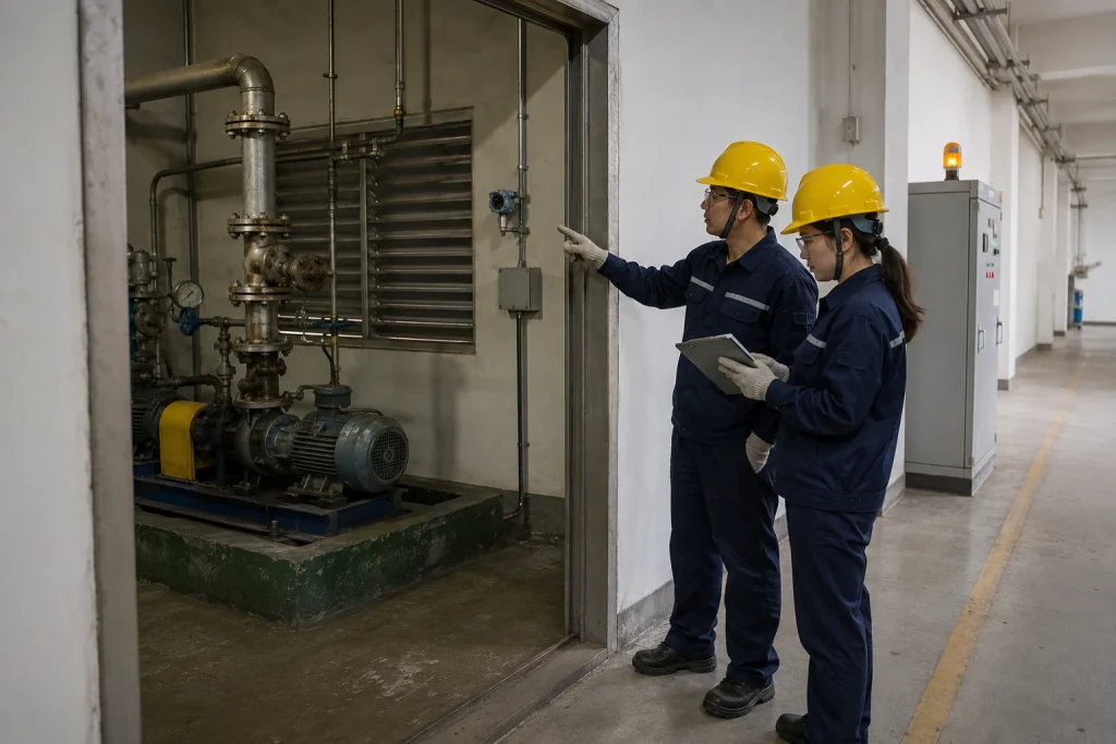 Chinese engineering and procurement staff assess equipment placement across the doorway of an enclosed solvent-transfer pump room and a service corridor.