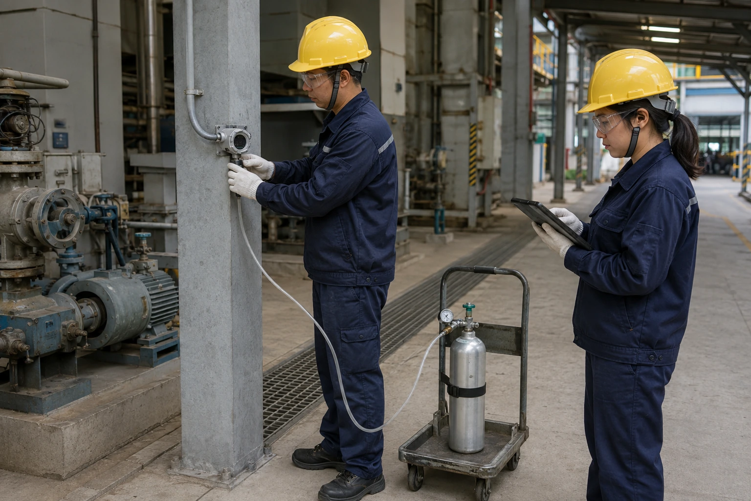 Two Chinese technicians apply test gas to a compact fixed detector and record the scheduled maintenance activity in a process-plant utility area.
