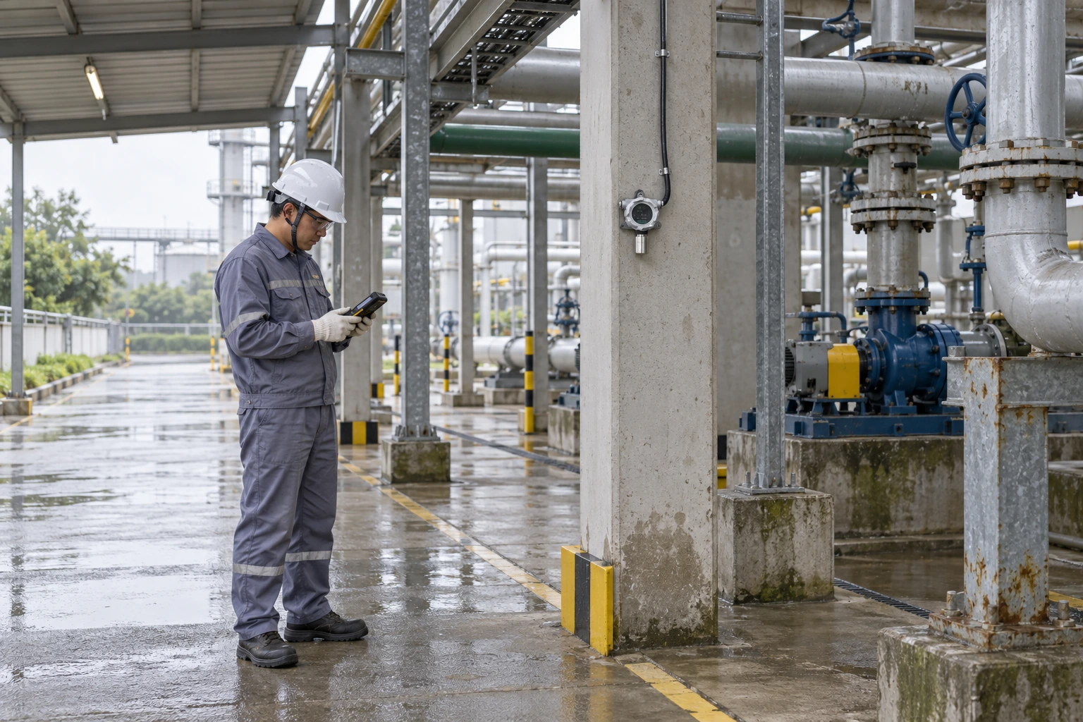 A Chinese technician checks a handheld instrument beside a small column-mounted detector in a damp utility gallery.