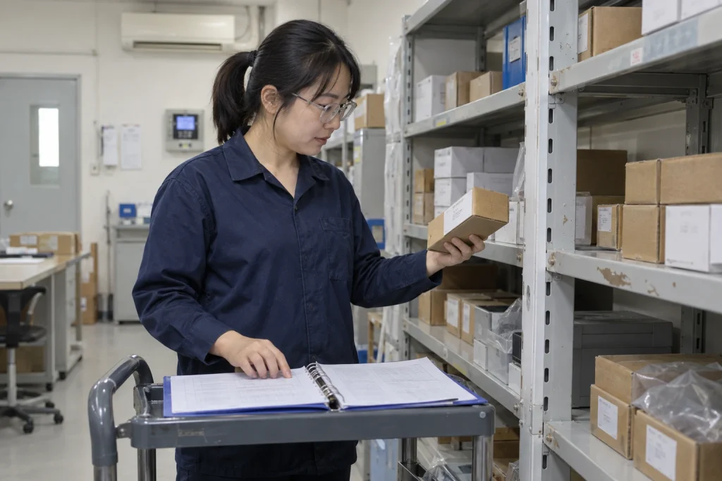 A Chinese technician compares a packaged spare with an inventory binder in an instrument storeroom.