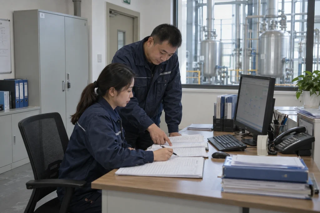 Chinese operations staff review paper records in a control room overlooking stainless process vessels.