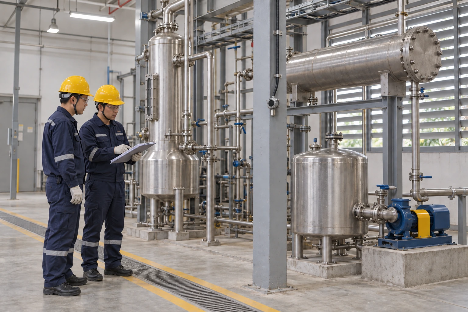 Two Chinese engineers review a clipboard beside closed solvent recovery vessels and a small column-mounted gas detector.