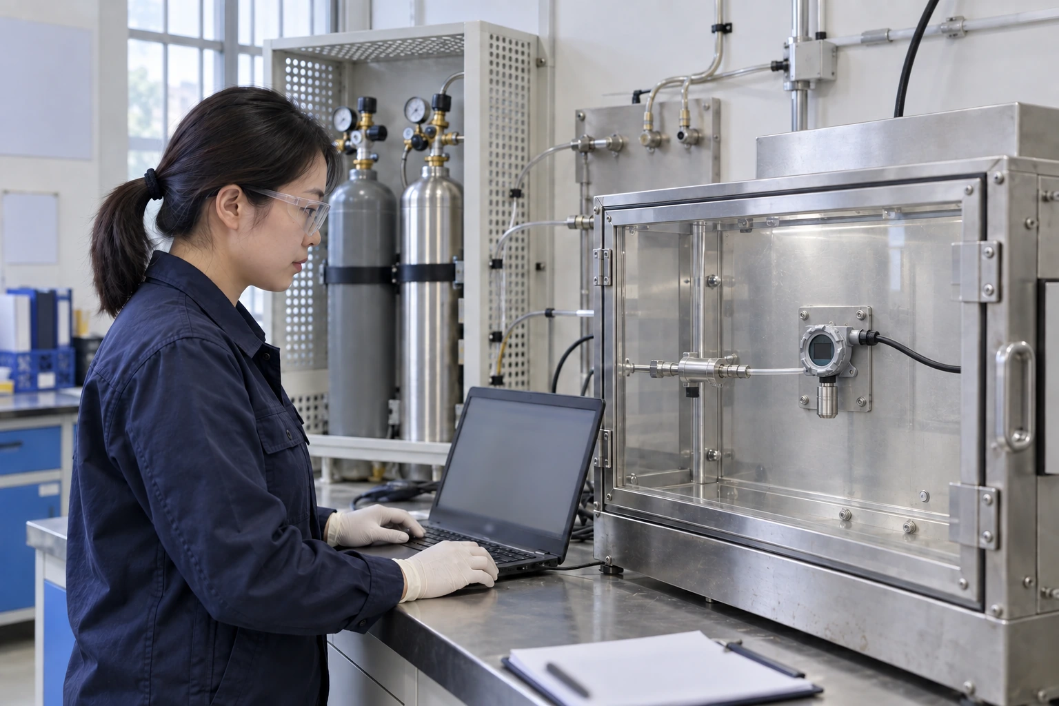 A Chinese test engineer observes a small fixed detector inside a closed flow-test chamber with secured gas cylinders behind it.