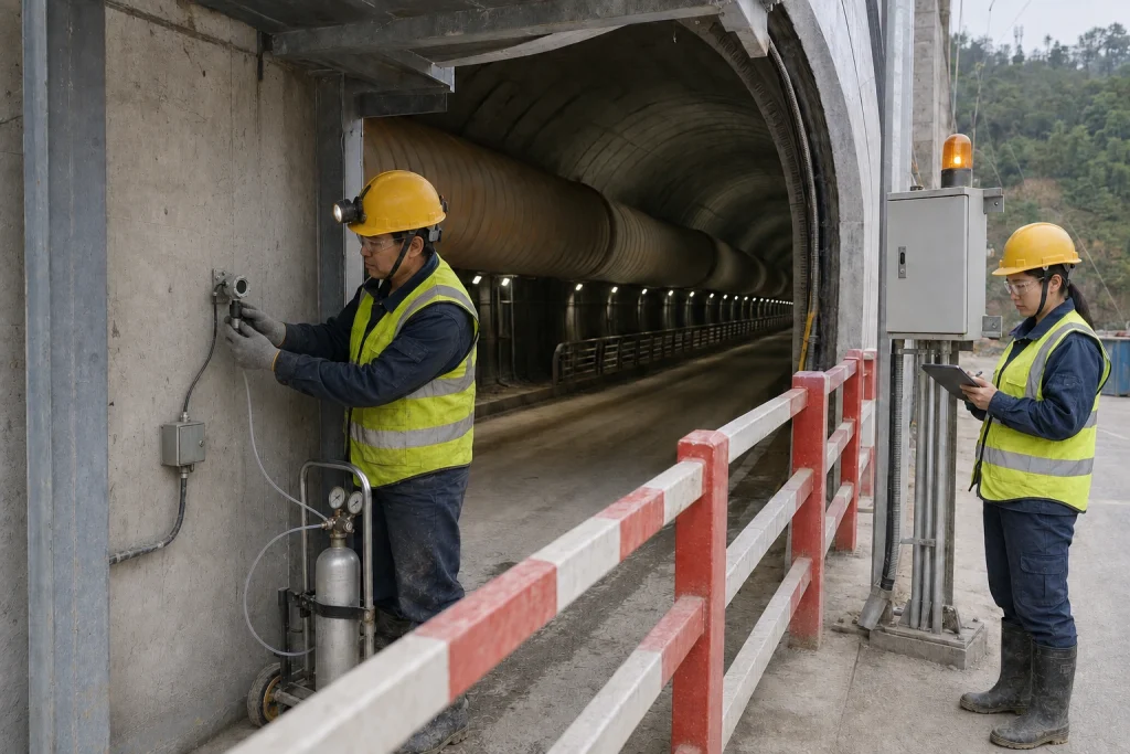 Two Chinese technicians perform a scheduled oxygen-monitor test in a protected pedestrian area at a construction tunnel portal.