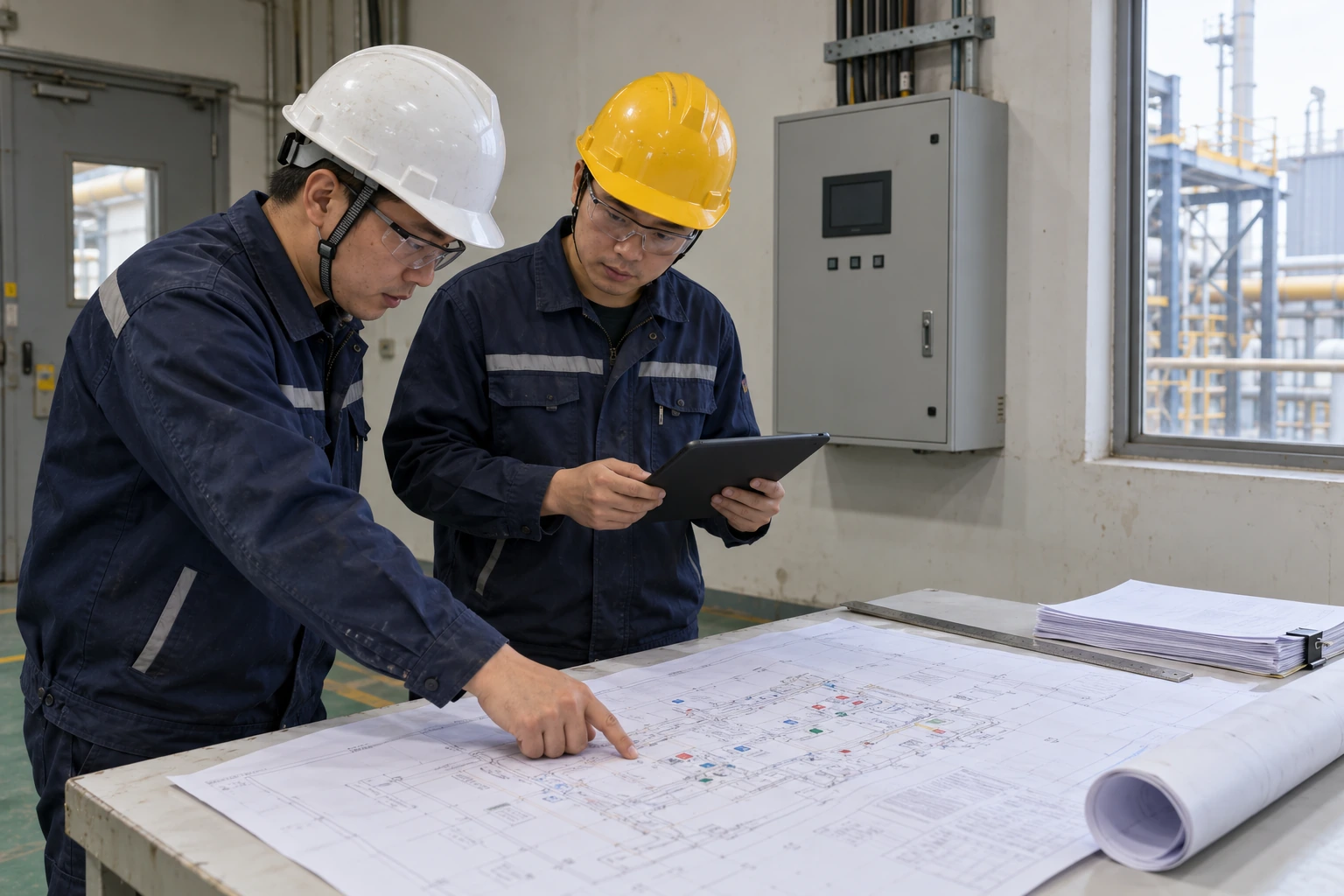Two Chinese engineers compare a plant layout with a closed gas detection controller cabinet in an industrial engineering room.