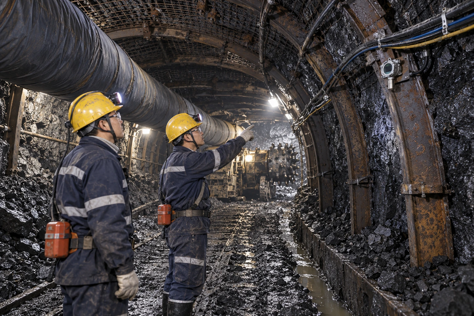 Two Chinese mine technicians inspect ventilation and a small high-mounted detector near an underground development heading.