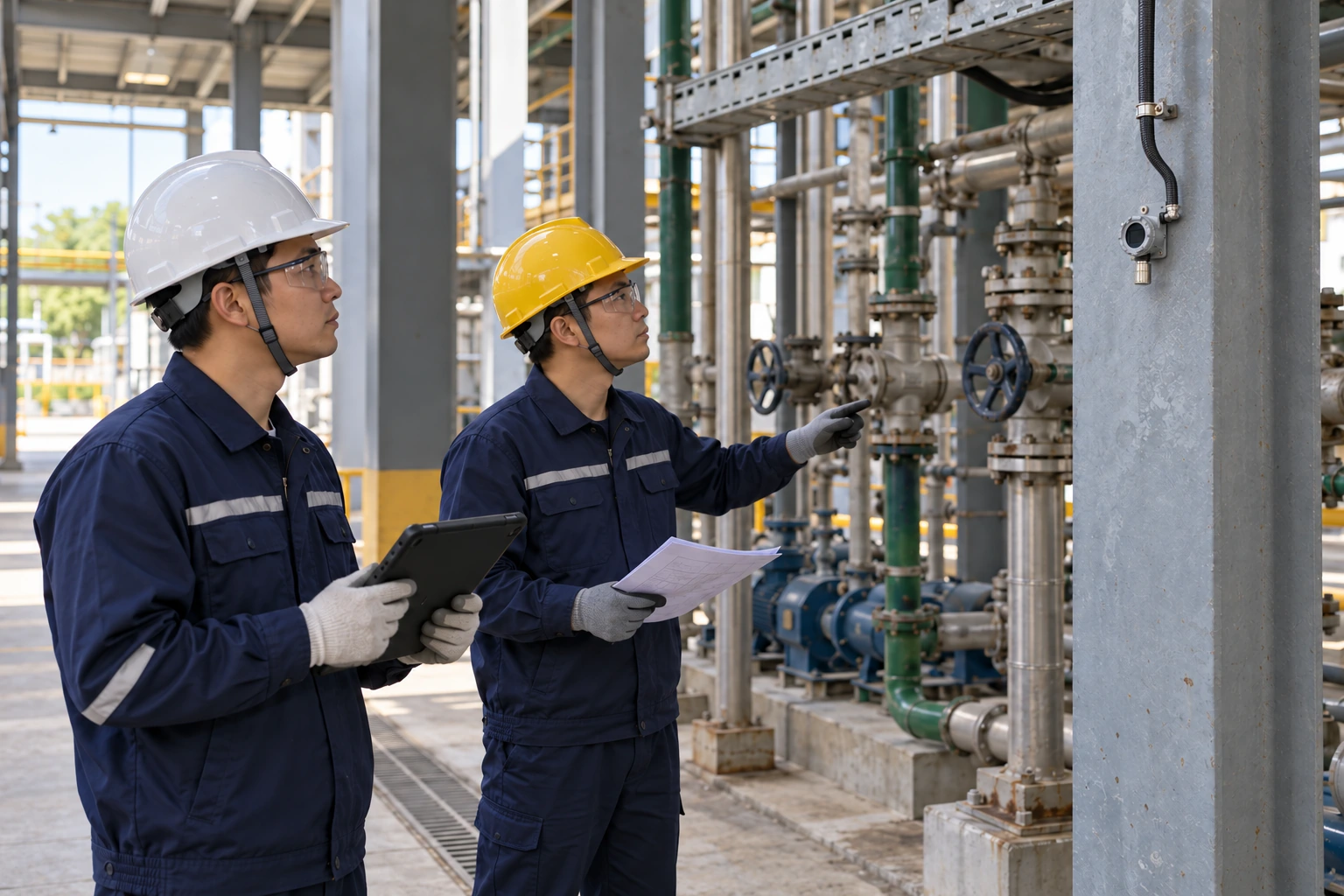 Two Chinese instrument technicians inspect a small fixed detector mounted beside process equipment.