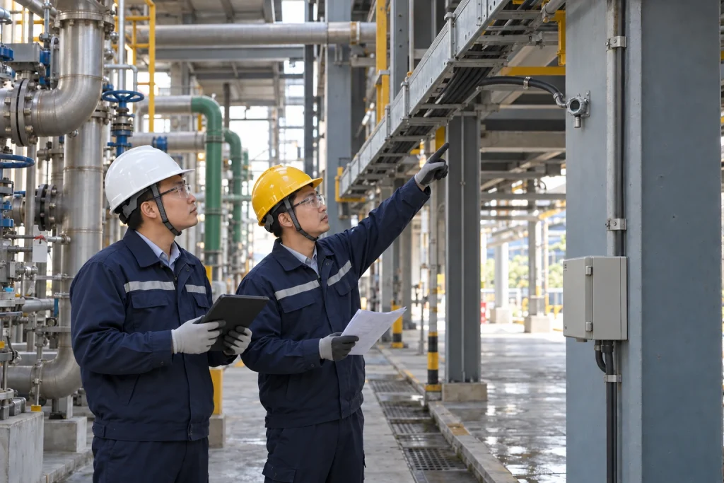 Two Chinese instrument technicians trace the cable route of a small fixed detector in a process plant.