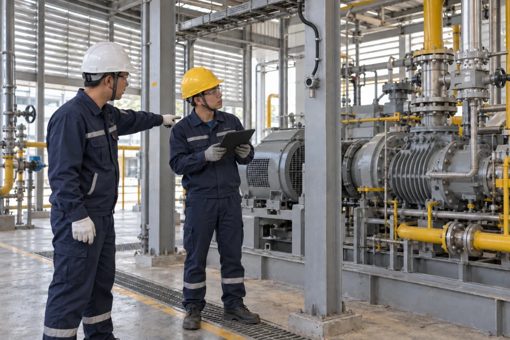 Two Chinese technicians inspect a small fixed point detector beside a compressor skid in a ventilated shelter.