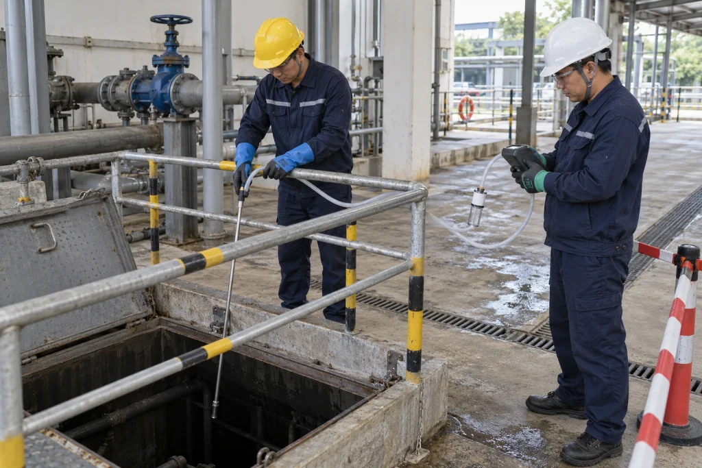 Two Chinese safety technicians use a probe, hose and pumped detector to sample an underground utility pit from outside the opening.