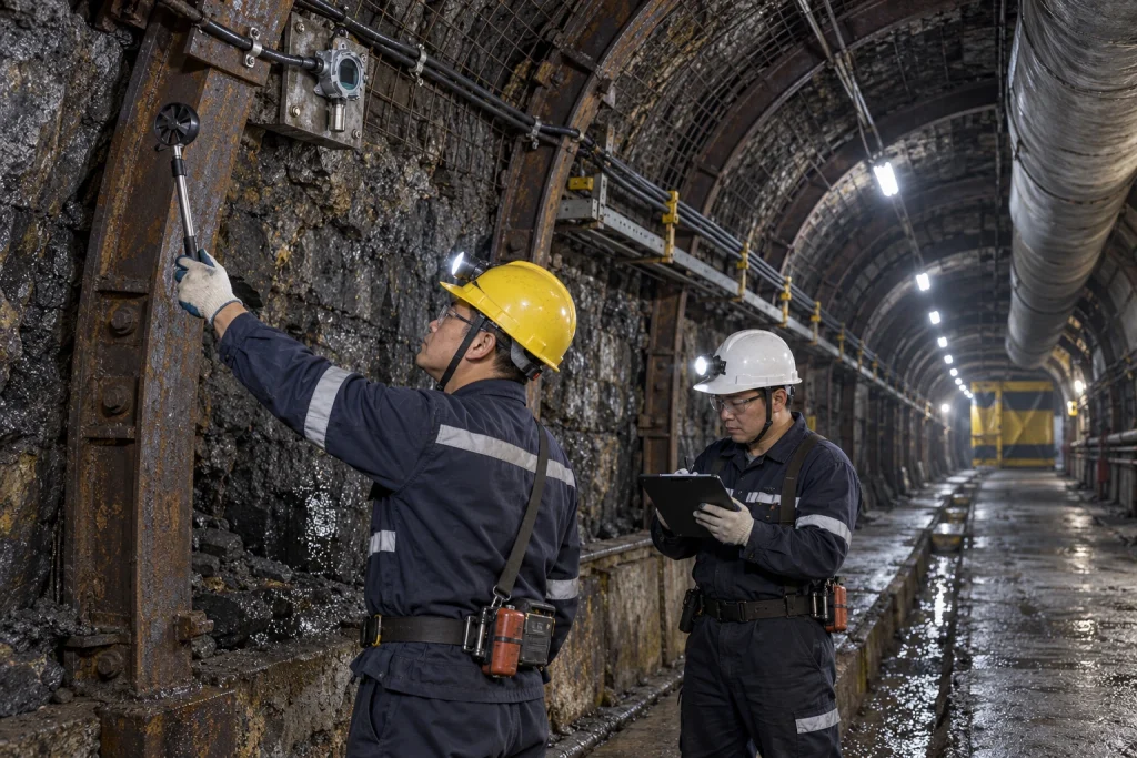 Two Chinese ventilation technicians check airflow beside a small fixed detector in an underground mine return airway.